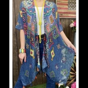 Southern Stitch Blue Sheer Artsy Floral kimono Cover Up Open Front One Size‎ NWT